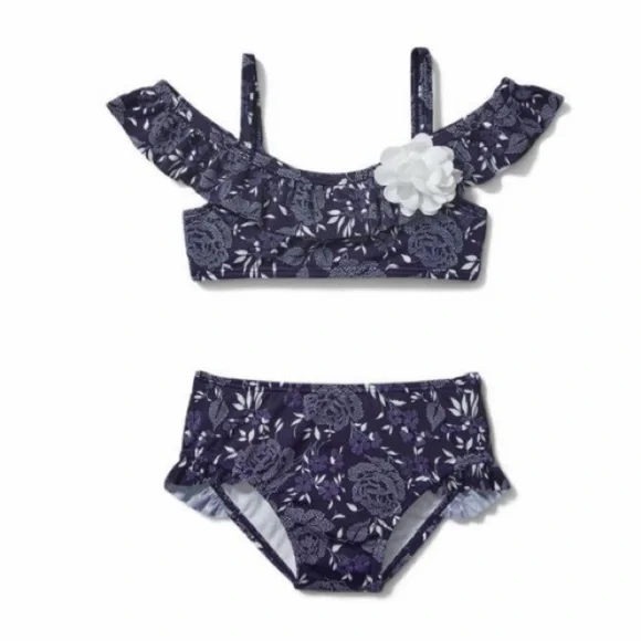 Janie and Jack Navy Floral Ruffle Bikini Swimsuit 18-24M Toddler Girl Retail $52