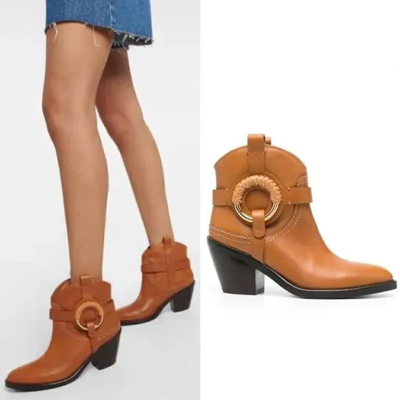 See by Chloé Hana 80mm cowboy leather boots in Tan US7.5