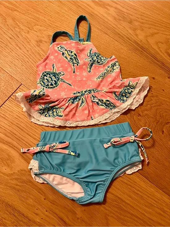 Girls Two-Piece Turtle Print Swim Set in Coral & Aqua