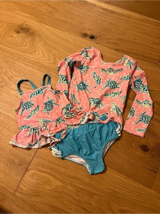 Kids Pink Turtle Print Swim Set with Blue Bottoms