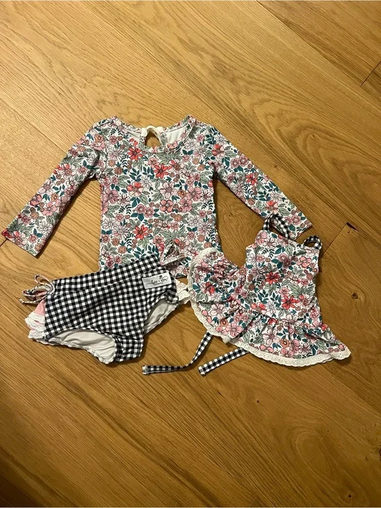 Girls Floral Rash Guard Set with Gingham Bikini Bottoms