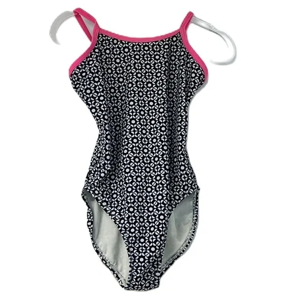 Old Navy Girls sz 5 black white print pink trim summer bathing suit vacation fun