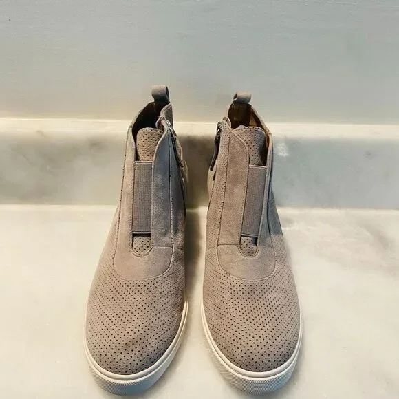 Linea Paolo Perforated Suede Wedge Felicia Sneaker Bootie Taupe Size 7.5