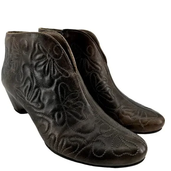 Pikolinos  Ankle Boots Leather Embroidered Heeled Slip On Almond Toe Brown 7.5