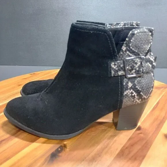 Vionic Naomi Snake Suede Ankle‎ Boots Water Resistant Sz 9 Wide Black Side Zip