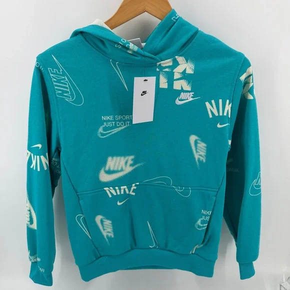 Nike Kids Hoodie Turquoise All Over Logo Print Graphic Sweatshirt Size Large NEW