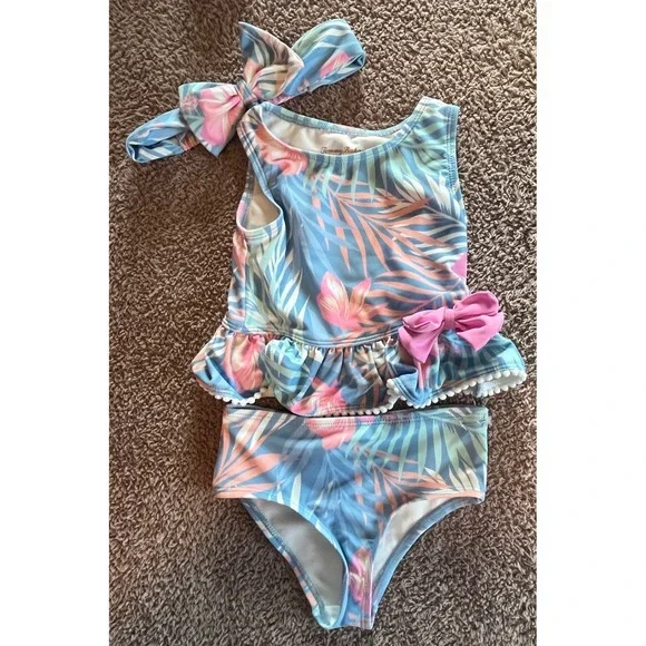 Tommy Bahama Baby Girls Tropical Palm 3-Piece Swimsuit Set Blue Pink 12M