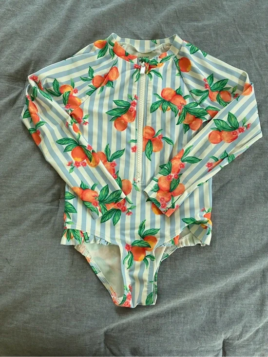 Old Navy Kids Long-Sleeve One-Piece Swimsuit - Orange Print EUC Size 4T