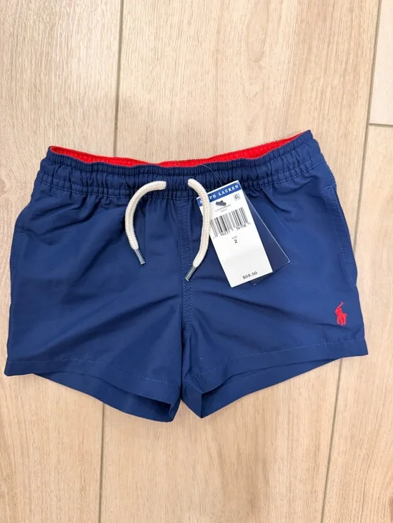 Polo by Ralph Lauren Navy Swim Trunks with Red Trim and White Drawstring
