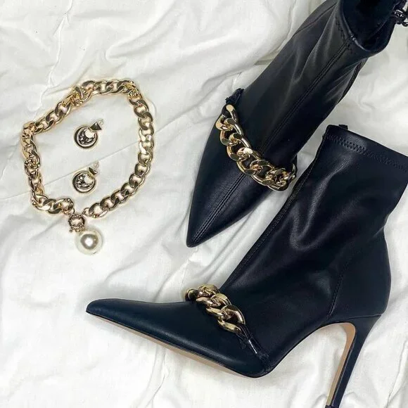 Zara Black Pointed Toe Stiletto Ankle Boots with Gold Chain