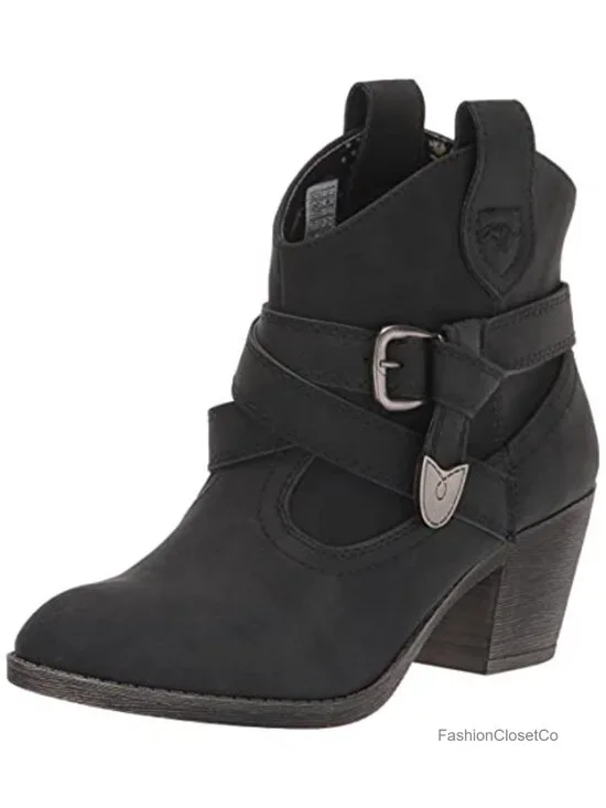 Western Ankle Bootie with Buckle Embellishment Stacked Heel