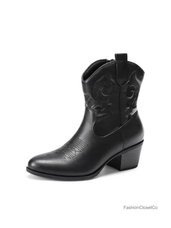 Faux Leather Embroidered Western Cowboy Ankle Boots Low Chunky Heel