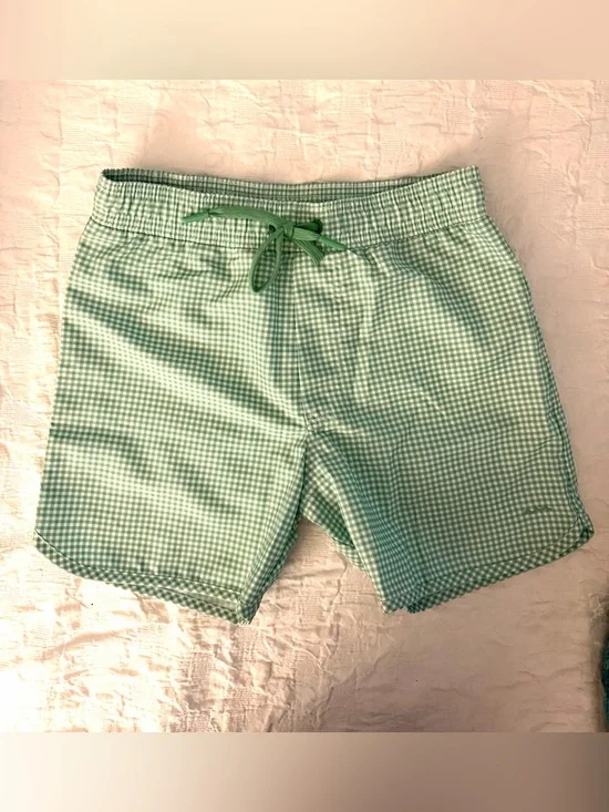 NWOT Minnow Kids Green Gingham Swim Trunks -