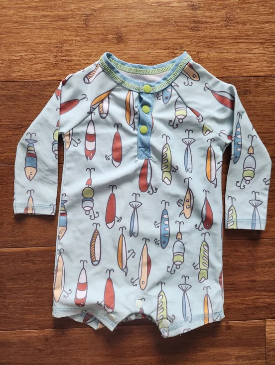 Mud Pie Baby Boy Blue Fishing Lure Rashguard Swimsuit Shorts Spf 50, 3-6 Months