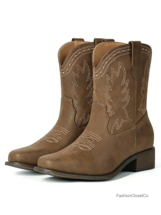 Women Square Toe Ankle Cowgirl Embroidered Western Boots Pull-On