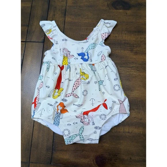 Hanna Andersson Mermaid Print One Piece Swimsuit Ruffle Sleeve Cream 18-24 mos.