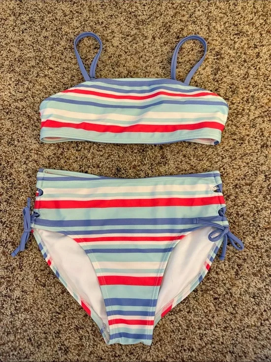 Girls' Striped Two-Piece Bikini Set in Blue, Red & White