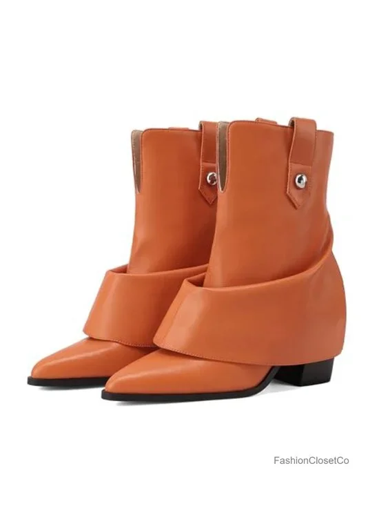 Pointed Toe Chunky Heel Ankle Booties with Fold-Over Design