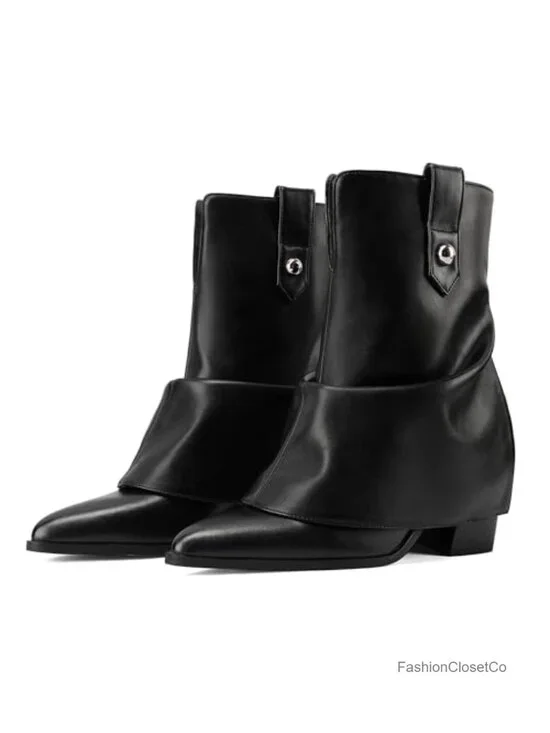 Faux Leather Folded Ankle Boots Pointed Toe Chunky Heel Booties Concert