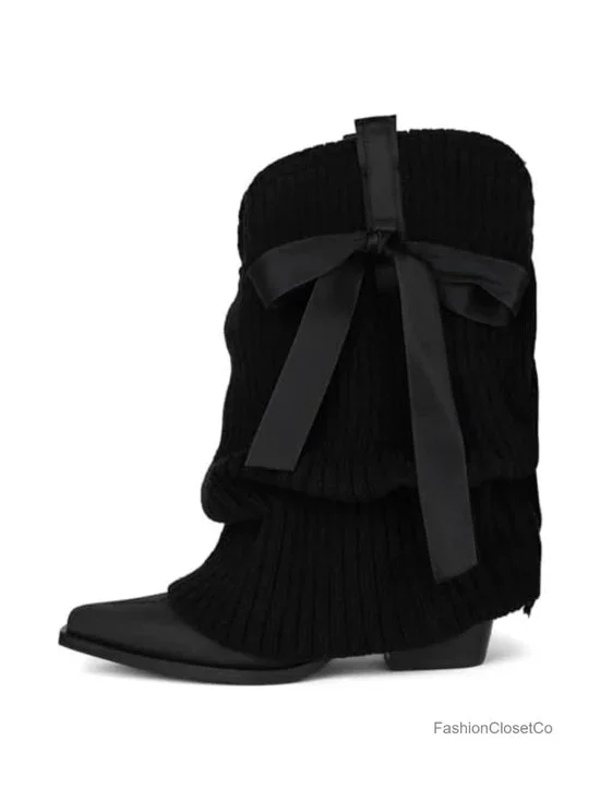 Knitted Cowgirl Boots Slouch Western Mid Calf Fold Over Chunky Heel Pull On
