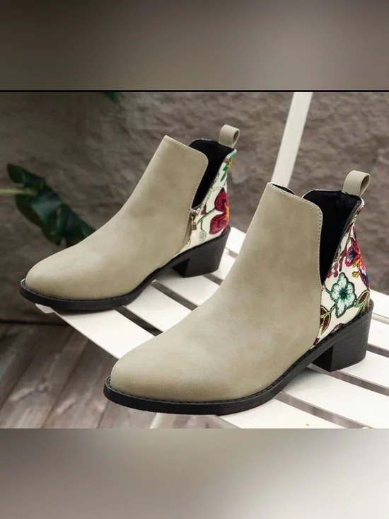 Vintage Taupe Ankle Boots with Floral Embroidered Heel