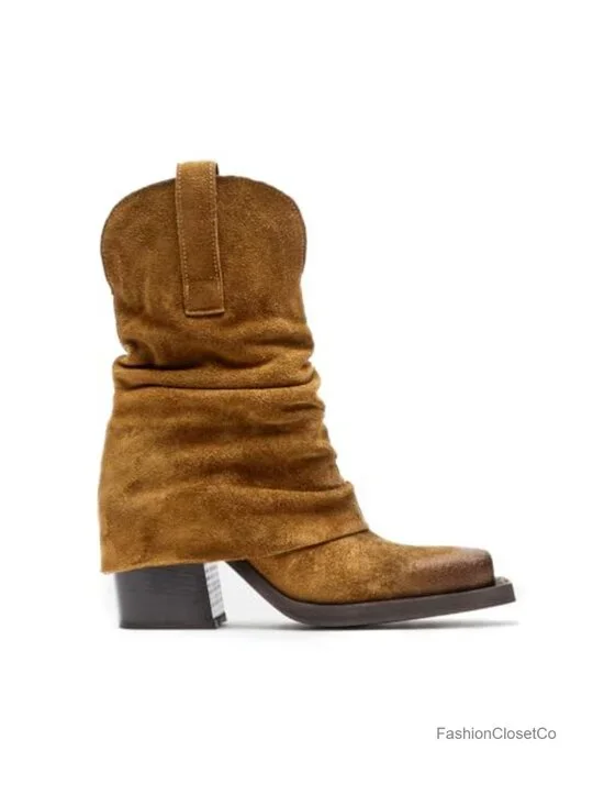 Faux Suede Square Toe Chunky Block Heel Mid Calf Pull On Booties