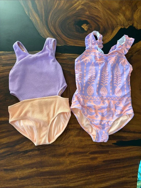 Kids (2) One-Piece Swimsuits in Purple and Peach - Soft Stretch Fabric
