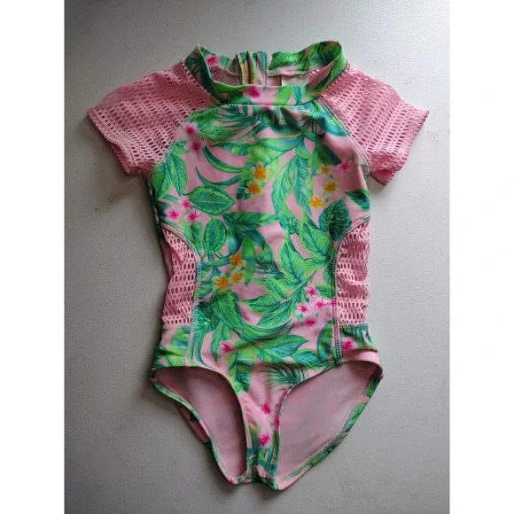 Art Class Girls XS 4/5 Tropical Palm‎ Floral Mesh One Piece Swimsuit Pink Green