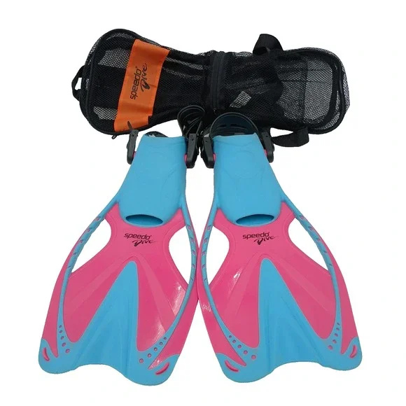 Speedo Dive Diving Flippers Youth Jr Size L/XL US 1-4 Mesh Bag Pink‎ & Blue