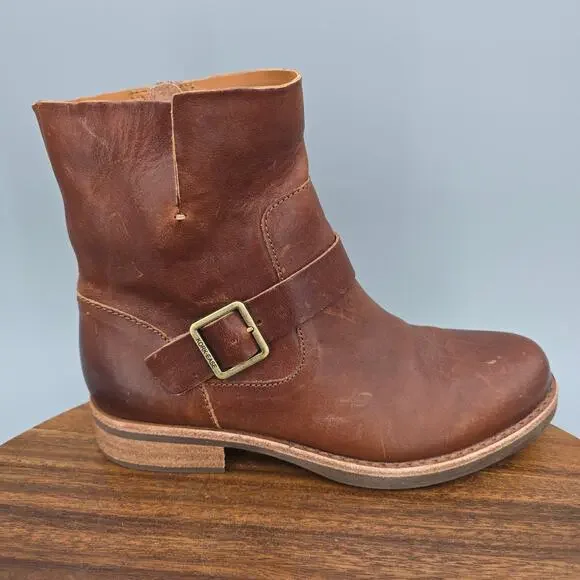 Kork-Ease Kennedy Boots Womens 6 M Brown Leather Buckle Block Heel Zip Up Moto