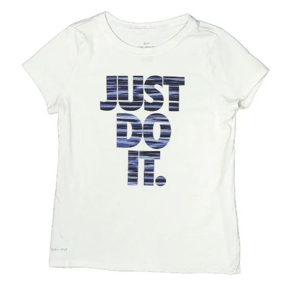 Nike Tee Just Do It Girl's Large White Blue Dri-Fit Athletic Athleisure Active