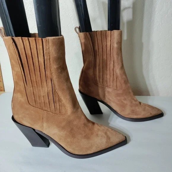Sam Edelman Women Brown Suede Pointed Toe Western Fringe Ankle Boots Size 8.5