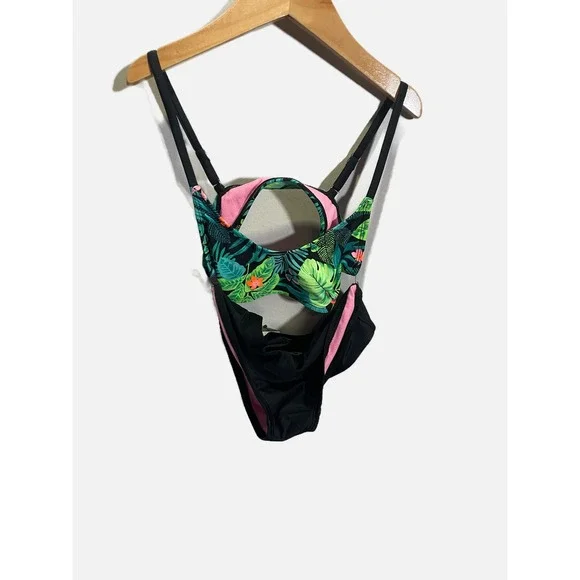 Art Class Bikini Swimsuit Girls Size M 8 Black Tropical Palm Floral Two Piece