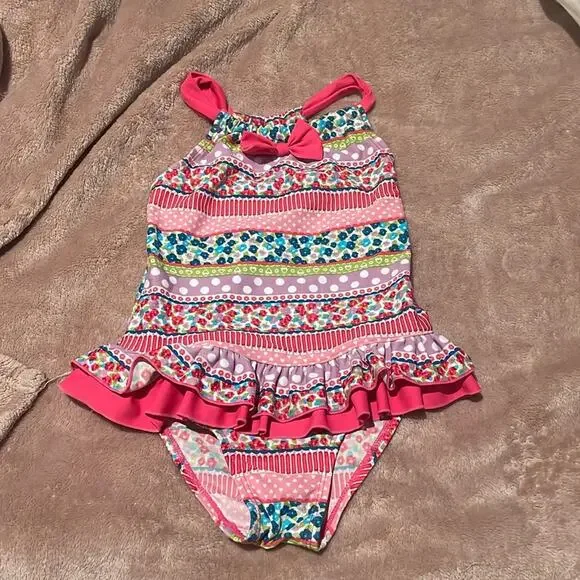 Foatimini 6 pink striped ruffled at waistline one pice swimsuit euc
