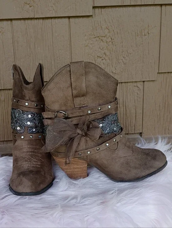 Not Rated Brown Western Studded Sequin Mesh Bow Belt Buckle Ankle Boots Booties