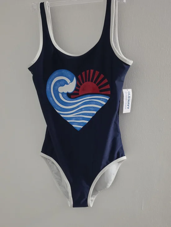 Old Navy Navy Swimsuit with Red & Blue Heart Graphic