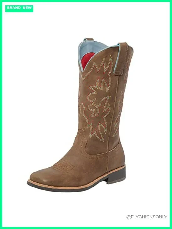 Women's Embroidered Square Toe Mid-Calf Cowboy Boots with Chunky Heel - PU