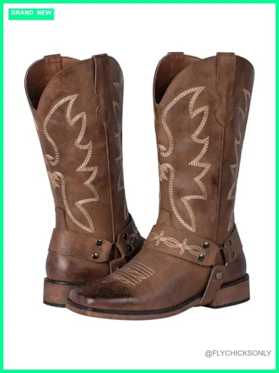 Square Toe Mid Calf Western Cowgirl Boots with Removable Buckle Strap