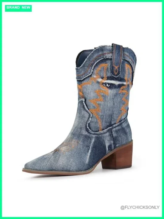Women's Western Embroidered Stitched Ankle Boots Pointed Toe Low Chunky Heel