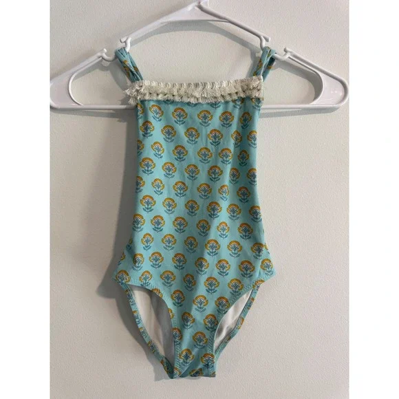 El Corte Ingles Floral One Piece Swimsuit girls 3-4 Turquoise Fringe Trim‎ swim