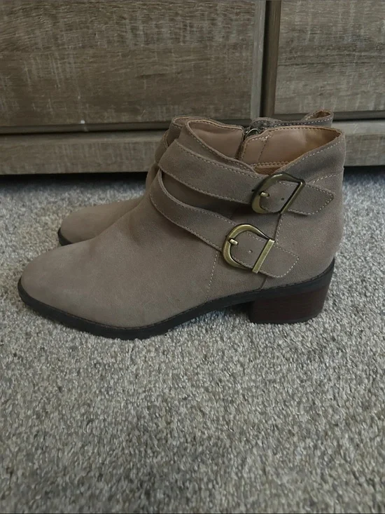 Women's Blondo Taupe Suede Ankle Boot with Buckle Straps- waterproof