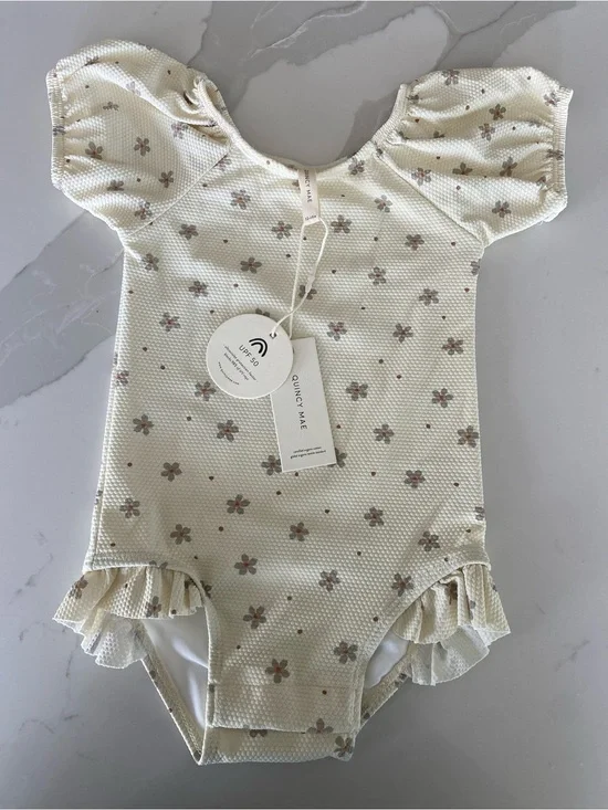 NWT Quincy Mae Ivory Floral Puff Sleeve Ruffle One-Piece Swimsuit UPF 50 12-18M