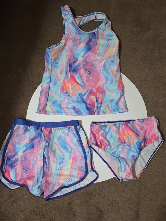 Girls' Swirl Marble Active Swim Set - Pastel Multi