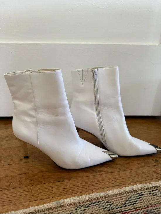 Jeffrey Campbell White Leather Pointed Ankle Boots with Metal Toe