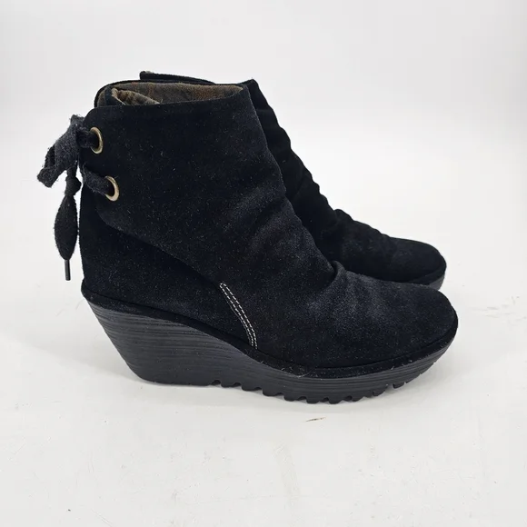 Fly London P500326006 Black Suede Ankle Wedge Bootie Womens Size 8.5 (39)