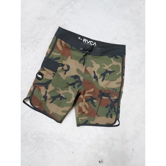 Rvca Board Shorts Boys Size 29 Camo Camouflage Swim Trunks Green Sufing Beach