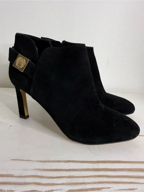 Vince Camuto Black Suede Ankle Booties with Gold Heel Plate