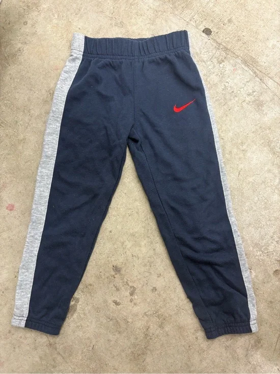 Nike Boys Size 5 Fleece Sweatpants Blue/Gray Side Stripe Red Swoosh Pull-On