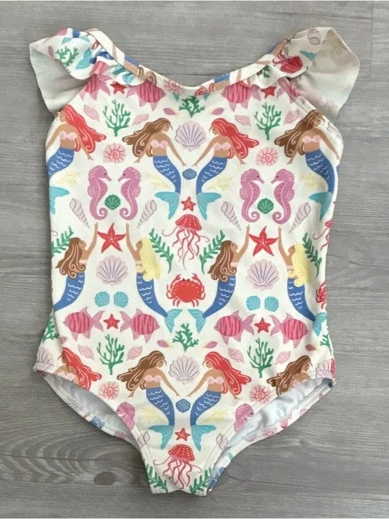 Mini Boden Girls Mermaid Swimsuit Hallie Frill Strap One Piece 3-4y Excellent