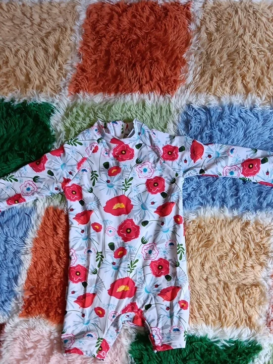 Floral Baby One-Piece Longsleeved Swimsuit  - Red & White